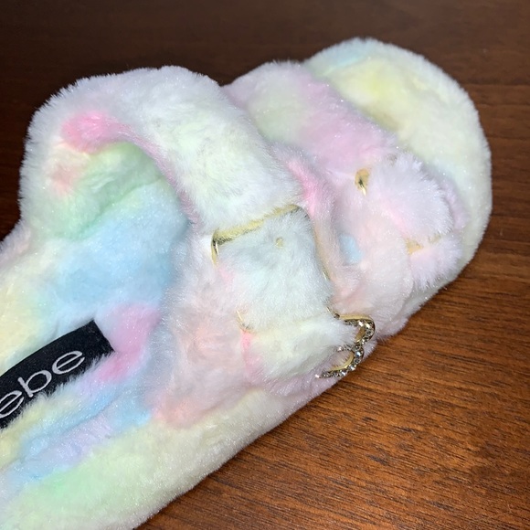 BEBE Fanny Faux Fur Fuzzie Slide Logo Rhinestone Sandals Pink Tie Dye - Picture 7 of 10